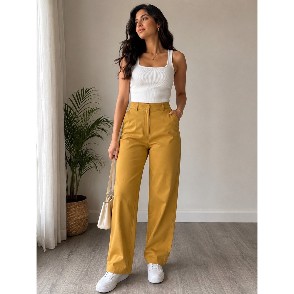 ZARA Mustard Wide Leg Trousers High Rise Work Pants Women Medium